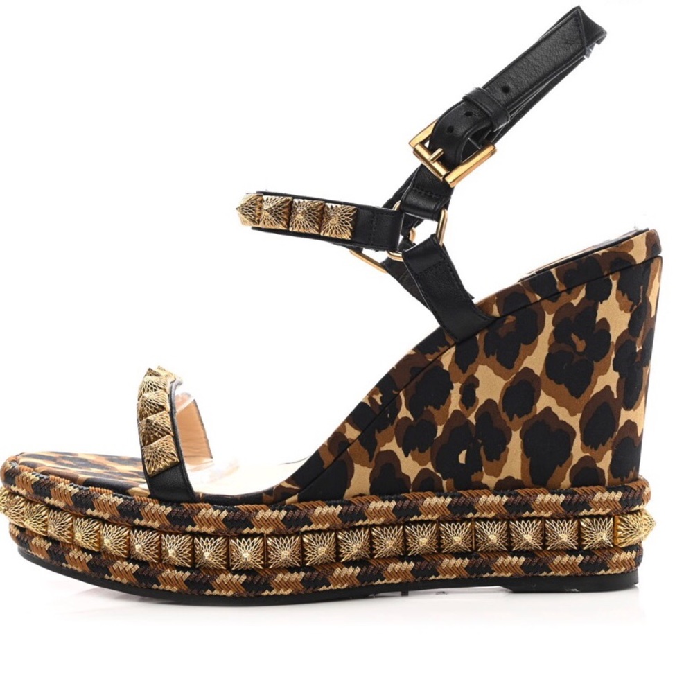 Authentic CHRISTIAN LOUBOUTIN Nappa Silk Leopard Wedge Sandals.